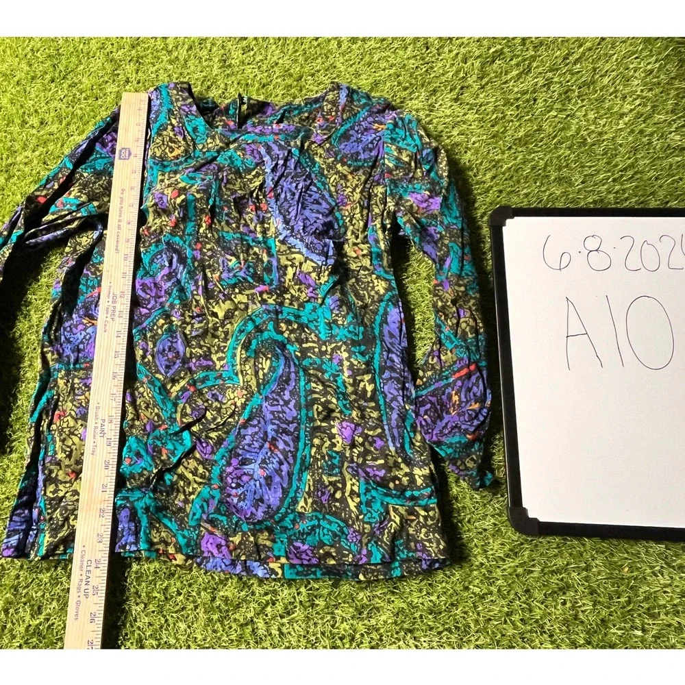 Abiana‎ Vintage 100% Silk Abstract Paisley Blouse Purple Teal Green Size 38